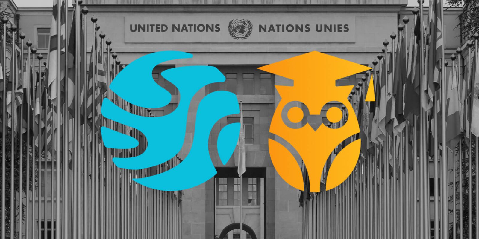 United Nations Nations Unies building with IGA and Rumie Initiative logo