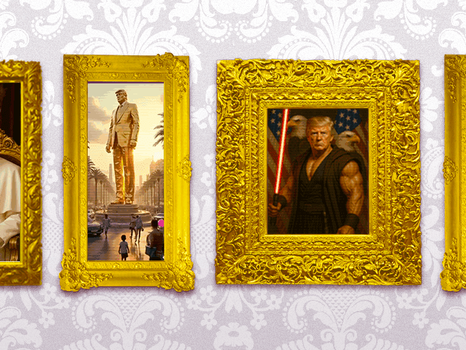 AI-generated art in ornate gold frames, picturing fictionalized depictions of US president Donald Trump in religious, heroic, and royal-themed scenes.