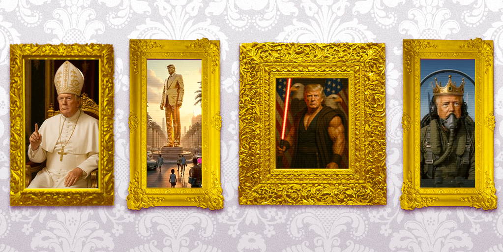 AI-generated art in ornate gold frames, picturing fictionalized depictions of US president Donald Trump in religious, heroic, and royal-themed scenes.