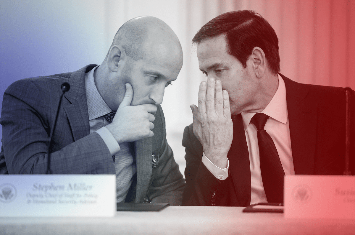 Marco Rubio leans over and whispers to Stephen Miller.