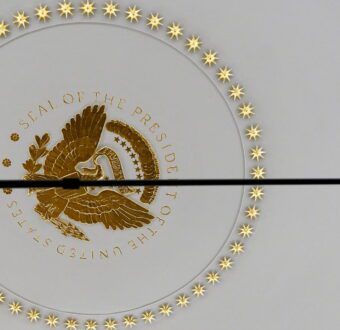 A view shows a microphone next to the Presidential seal on the roof of the Oval Office, during a press conference with US President Donald Trump and Elon Musk, at the White House in Washington, DC, US, May 30, 2025.